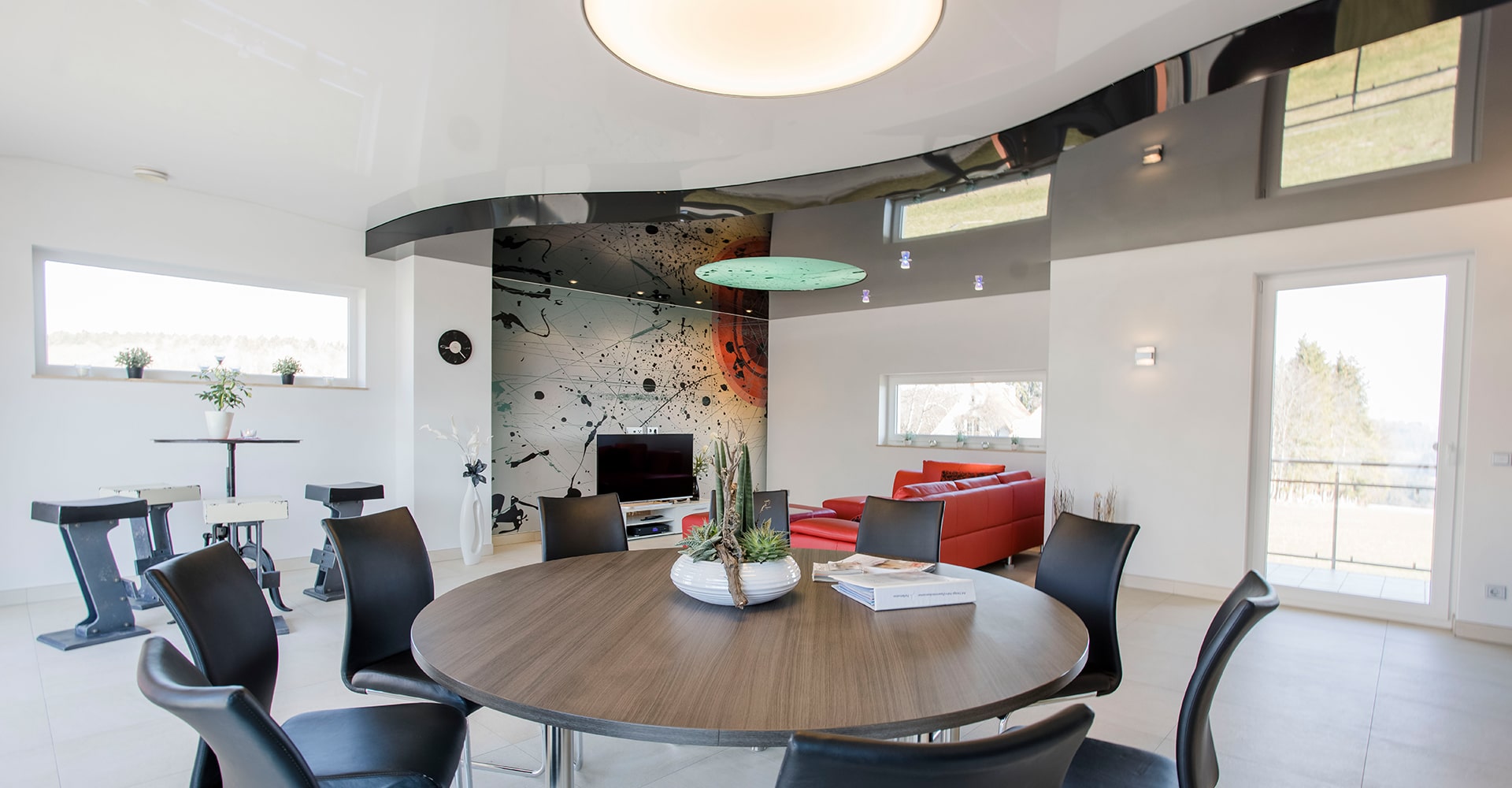 Spanndecke Wohnzimmer Spanndecke Wohnzimmer Esszimmer hochglanz schwarz Lichtdecke bedruckte Decke